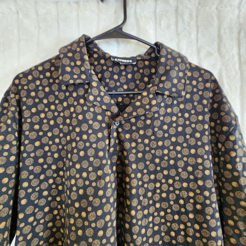 Express Mens XL Black & Gold Polka Dot Short Sleeve Button Up Polo Shirt Top